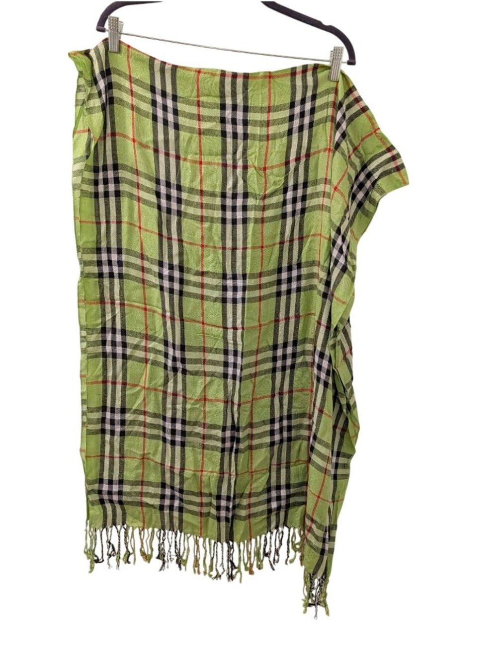 Plaid Green & Black Pashmina Shawl With Fringe - 100% Cashmere - Made In Italy